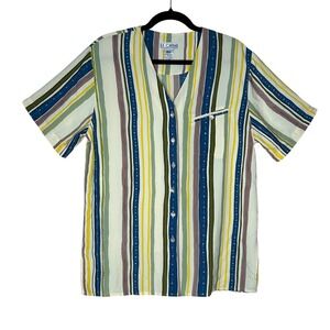 Le Caviar 90s‎ Button-Up Blouse Medium Colorful Striped Short Sleeve Top Retro
